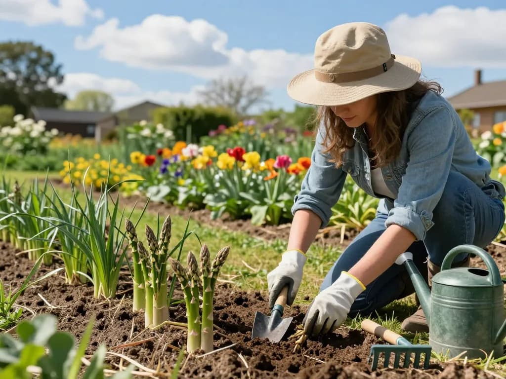 Asperges kweken in a sunny garden scene with a gardener planting asparagus crowns.