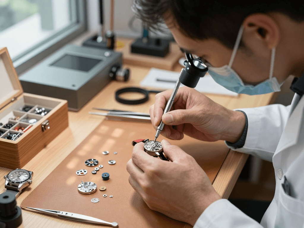Expert watchmaker examining Omega 8500 movement parts in a precision workshop.