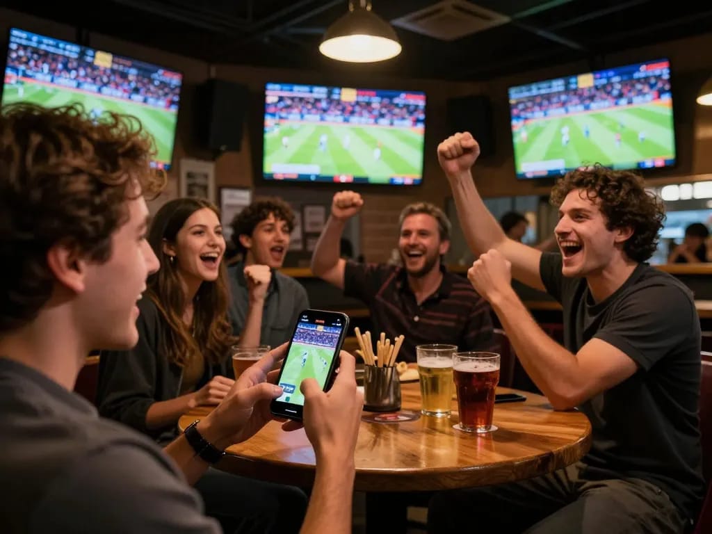 Socolive TV user watching live sports action in a vibrant bar, cheering with friends and enjoying the game.