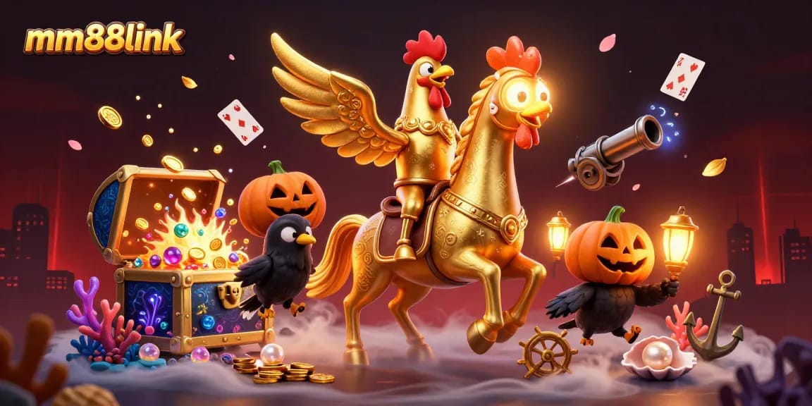 Enjoy thrilling gaming with mm88link as a golden rooster navigates a glamorous casino realm.