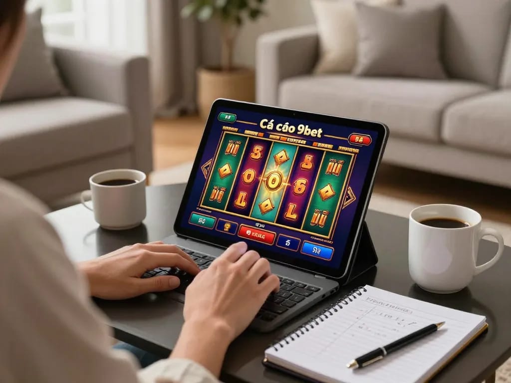 Cá cược 9bet on a sleek tablet portraying vibrant slot game graphics in a cozy home setting.