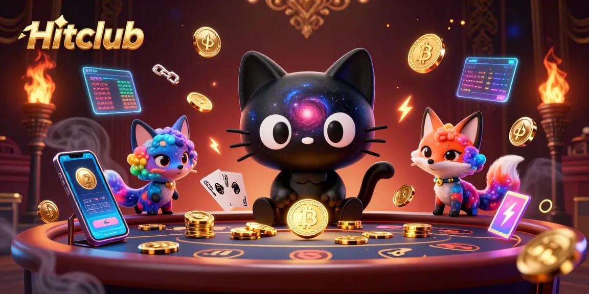 Hitclub's cosmic casino features a black hole cat drawing in chips and cards amidst vibrant gambling elements.