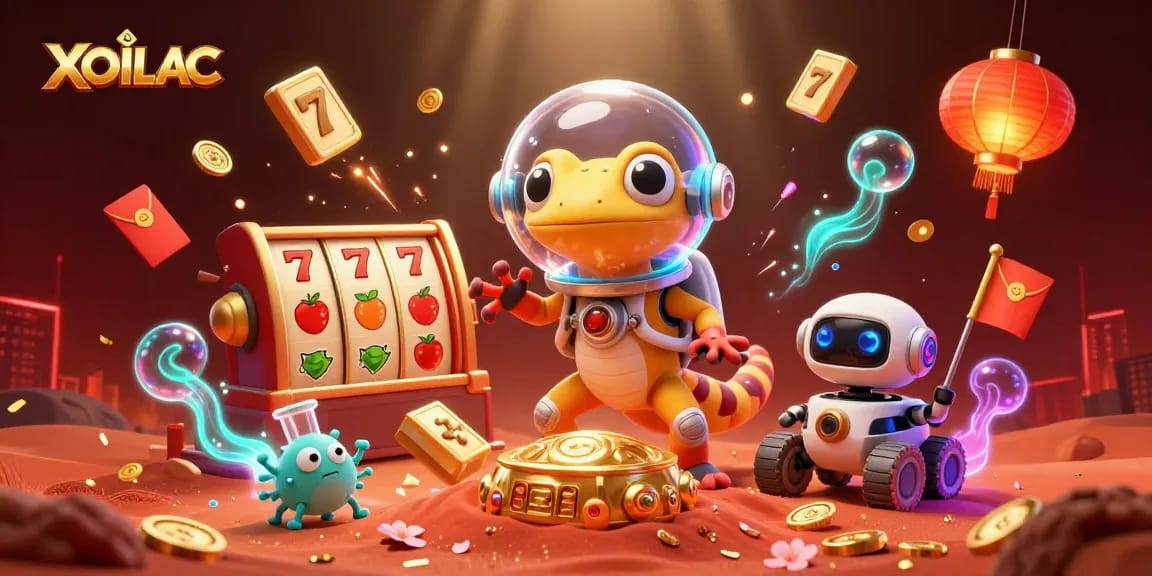 Experience the thrill of XOILAC casino gaming with a Martian gecko and its robot friend amidst vibrant slot elements.