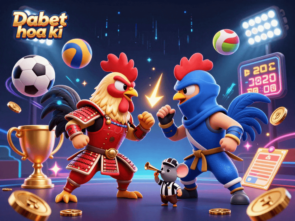 Dabet hoa kỳ showcases twin roosters in combat, amidst dynamic sports elements and action.