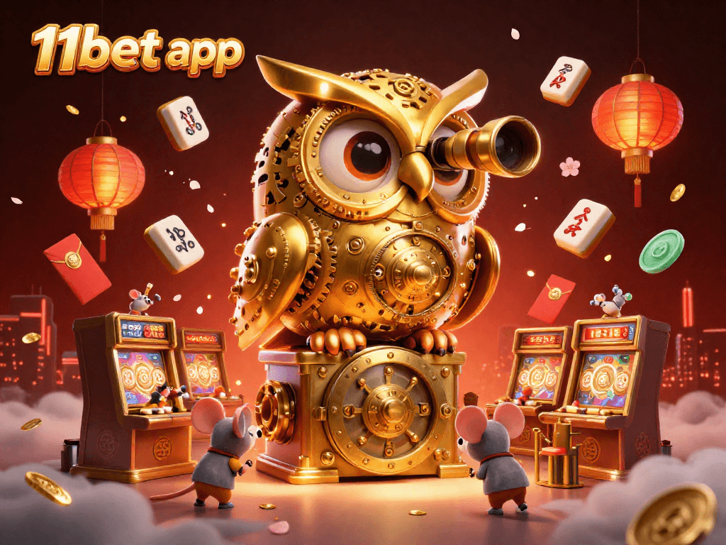 Engage with the 11bet app while observing a magical casino scene filled with whimsical characters and dynamic elements.