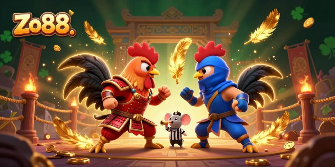 Experience thrilling action at Zo88. Enjoy a dynamic cockfighting scene with vibrant game elements.