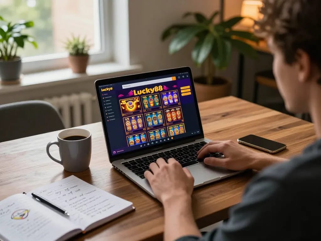 Player engaging with the Lucky88 app during an exciting online gaming session at home