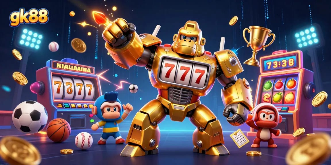 Engage with gk88's thrilling casino experience showcasing a golden gorilla mech amidst vibrant slot machine elements.