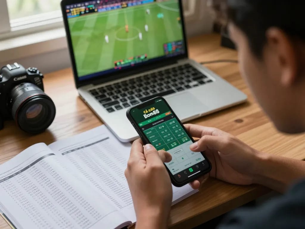 Cá cược Bom88 on a smartphone while strategizing sports betting at home
