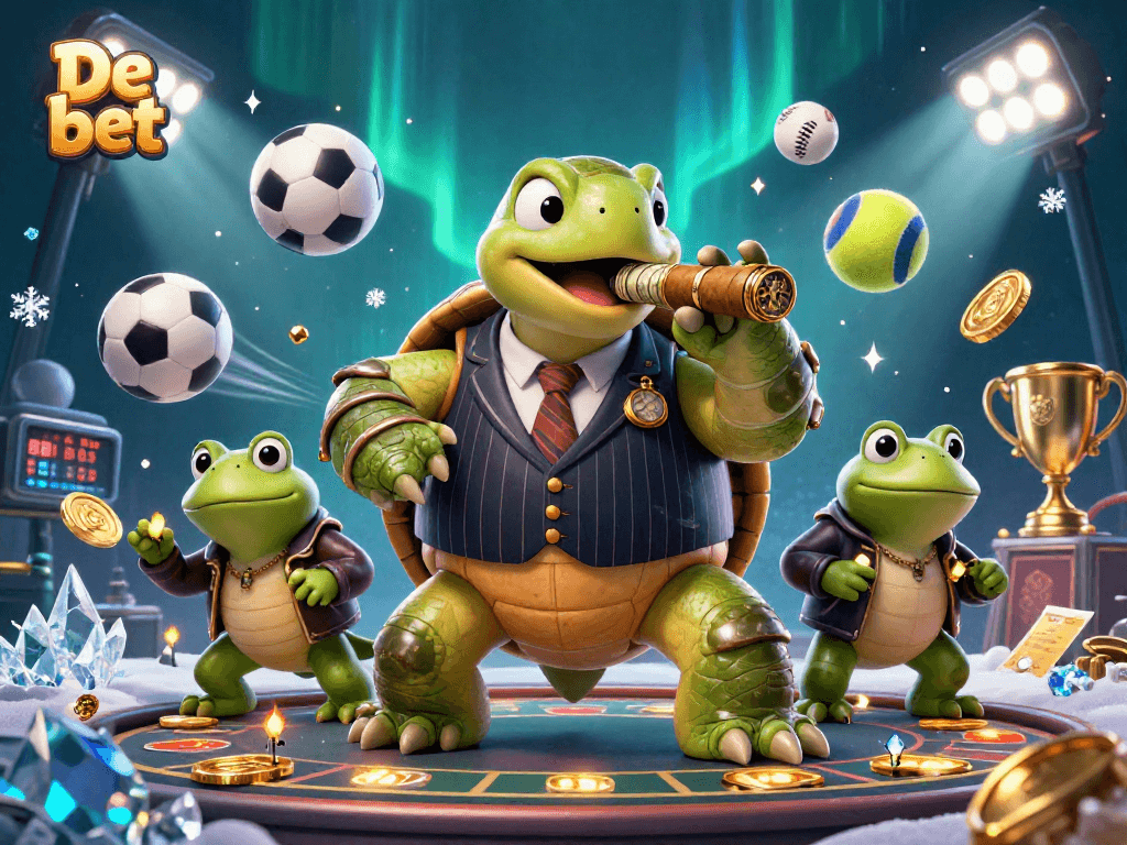 Engage in thrilling gaming with De bet, featuring a snapping turtle in mobster attire amidst lively sports action.