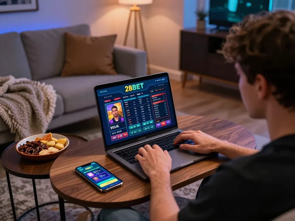 Player engaging with 28BET online casino on laptop, showcasing a vibrant at-home gaming experience