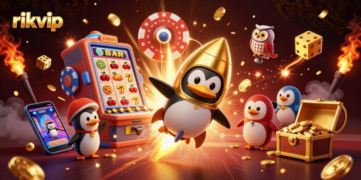Play and win with rikvip in an exciting 3D casino-themed adventure featuring animated characters and vibrant game elements.