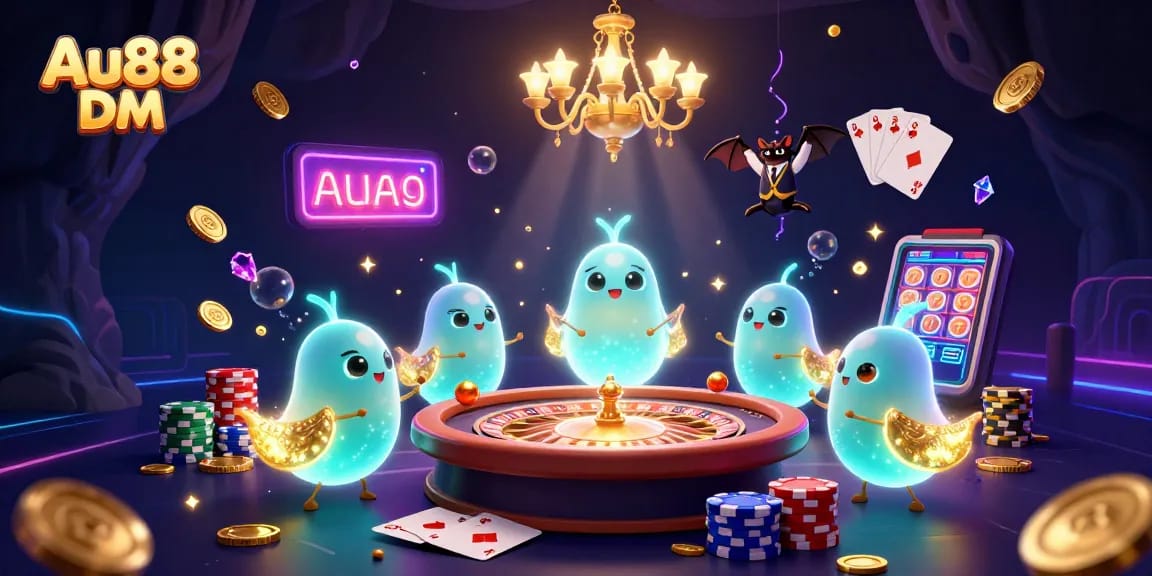 Play and win at Au88 DM's vibrant cave casino featuring animated glowworms and exciting gaming elements.