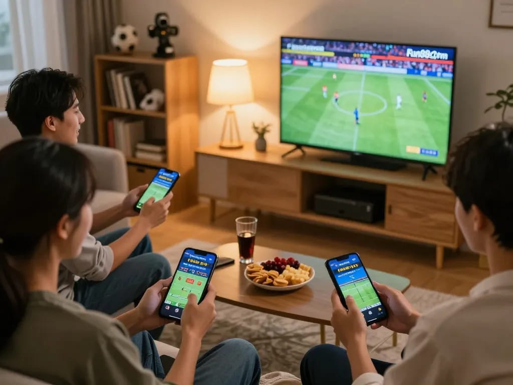 Friends experiencing thrilling gameplay and betting options on Fun88 com in a lively home setting.