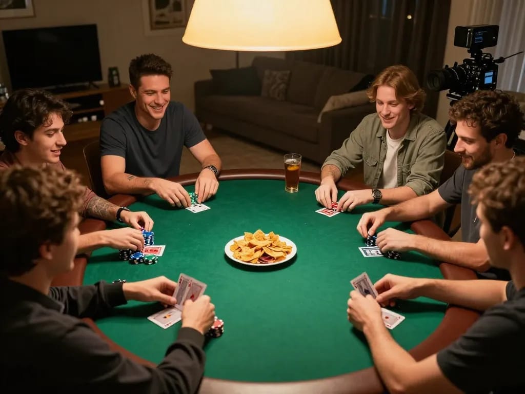 LV88 players engaging in an exciting home poker game, showing chips and cards.