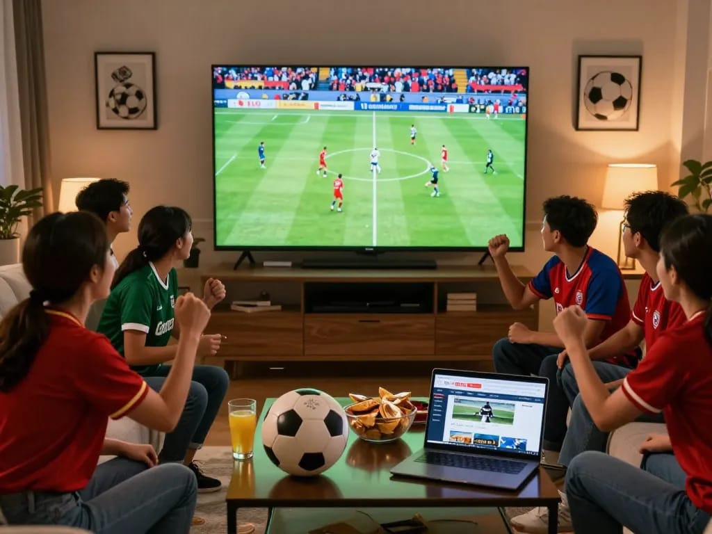 Exciting scene of football fans enjoying live streaming on lương sơn tv in a cozy living room.
