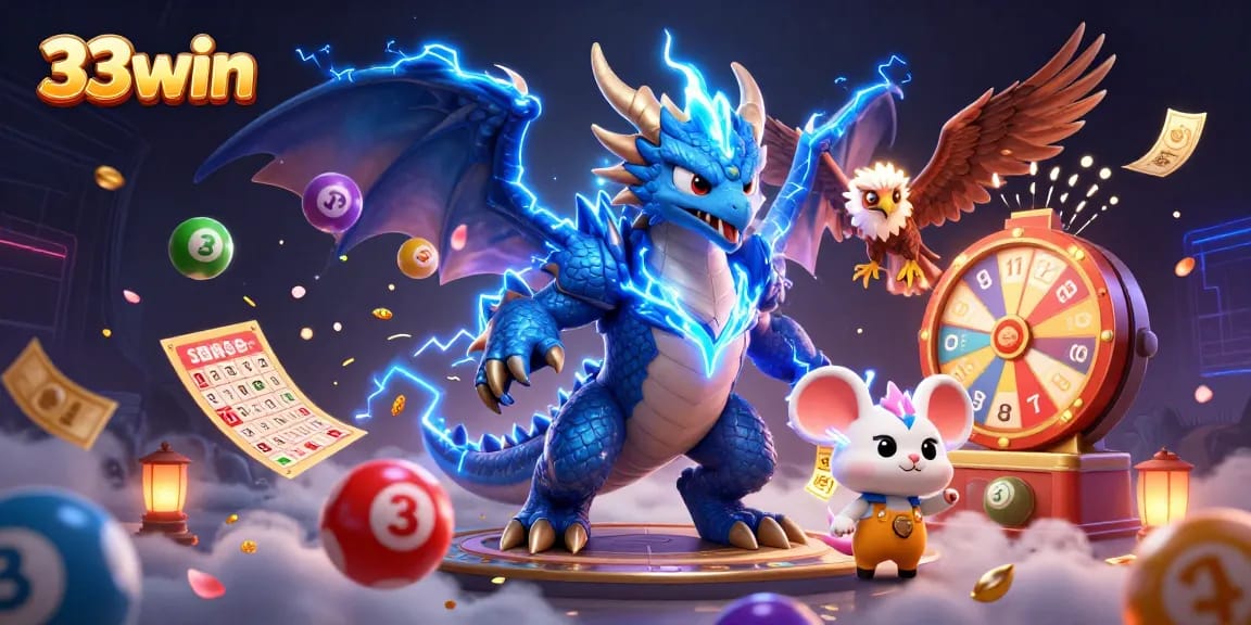 Engage with 33win's thrilling lottery experience featuring an electric blue dragon, vibrant prizes, and dynamic game elements.