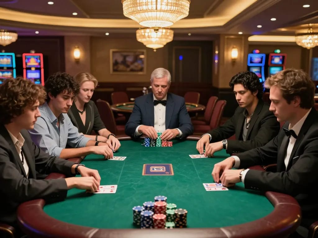 Tic88 high-stakes poker game featuring players analyzing their cards amidst vibrant chips on a luxurious casino table.
