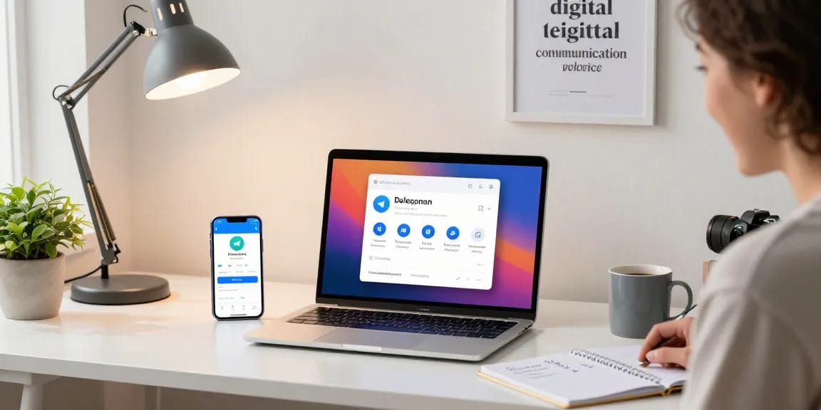 Download Telegram easily in a modern home office setup with engaging content on the screen.