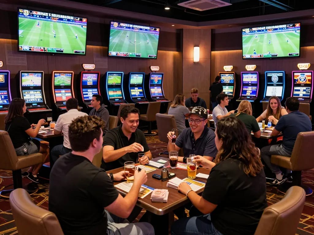 GO8 bettors enthusiastically placing wagers while watching live sports in a high-energy casino