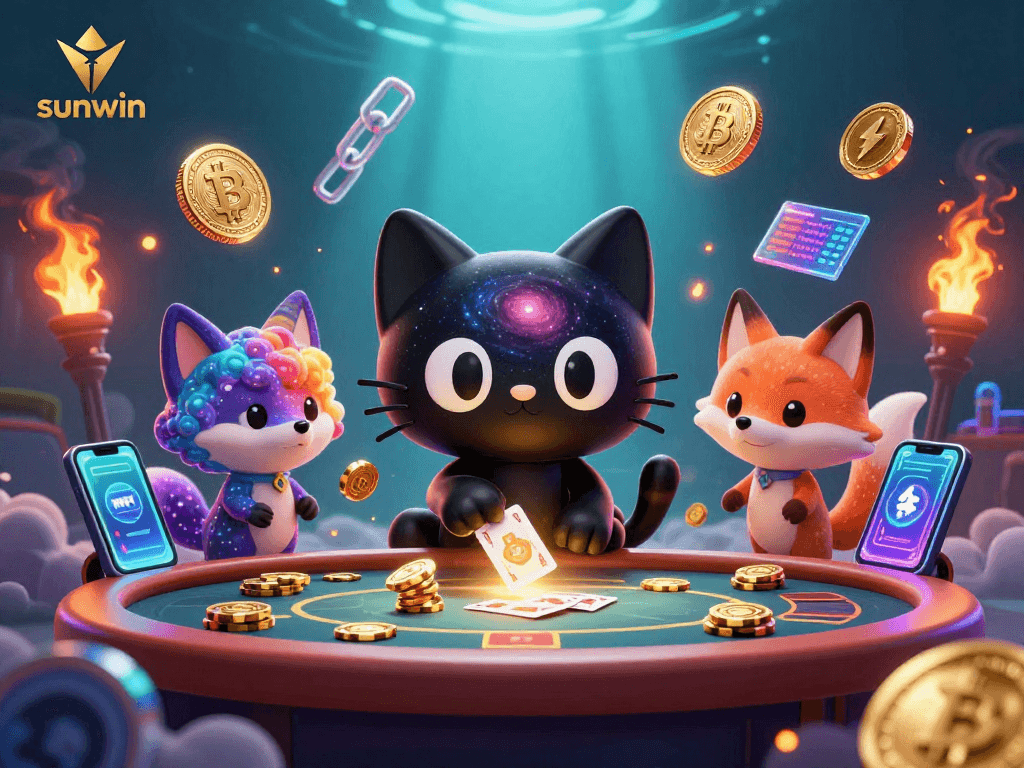 Experience the cosmic casino action with sunwin as the black hole cat draws in golden chips and modern crypto elements.