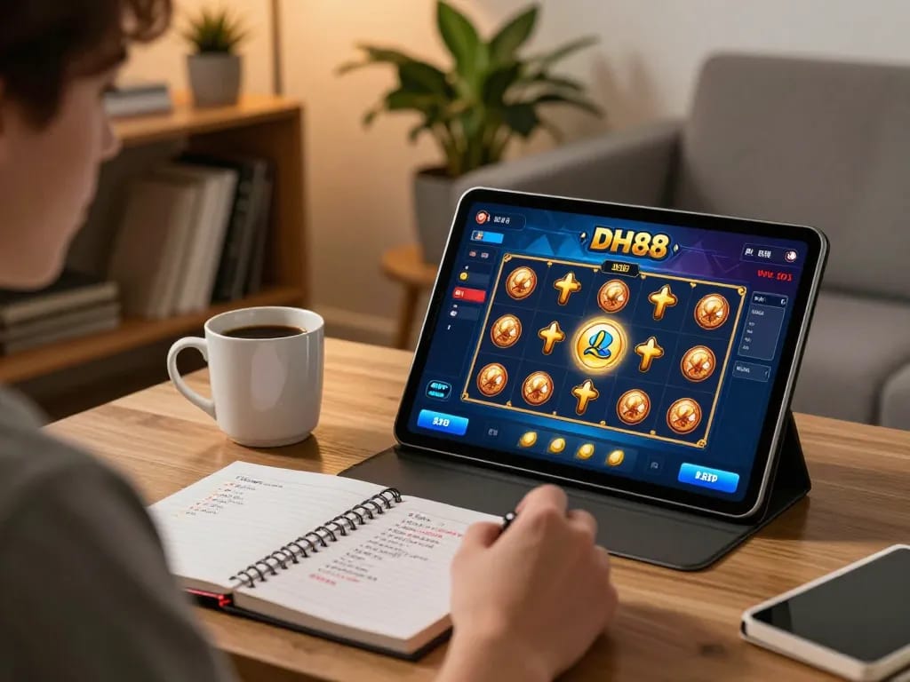 Player engaging with the DH88 casino app for online gaming, showcasing a cozy home environment.
