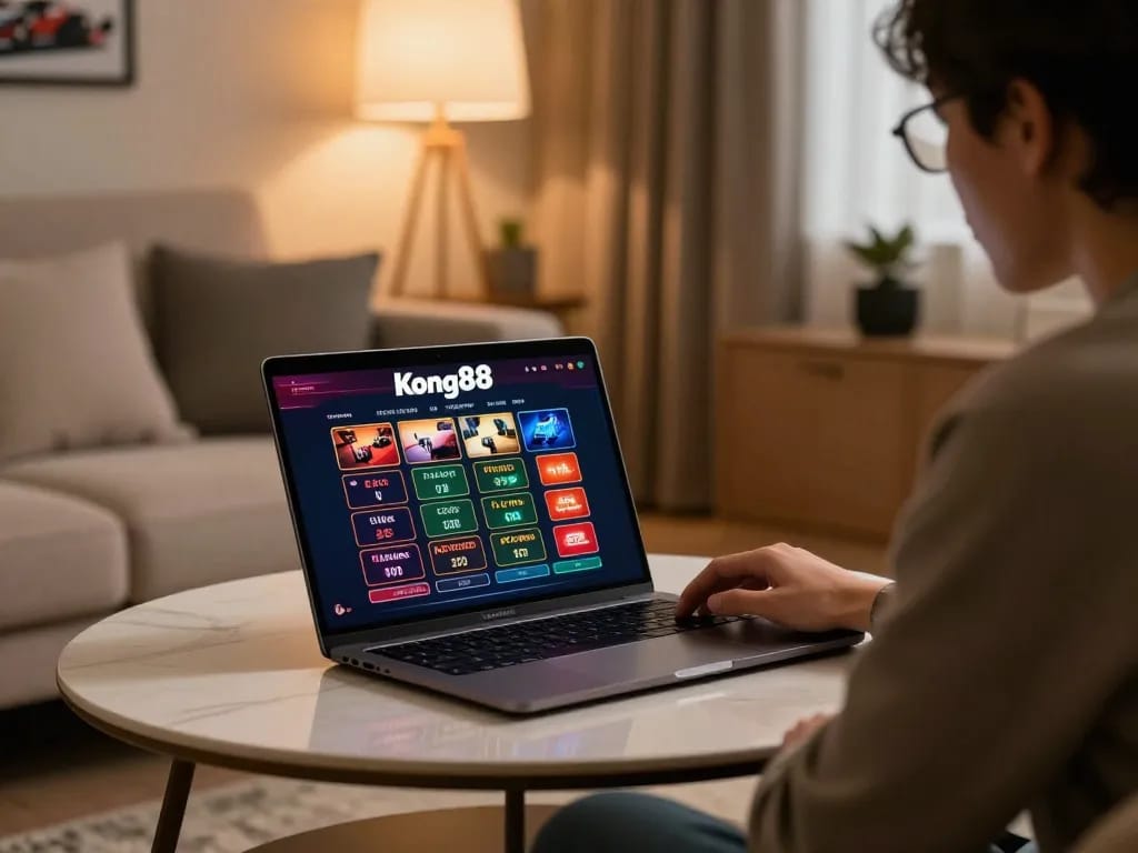 Engaged player analyzing kong88 online casino interface during home gaming session