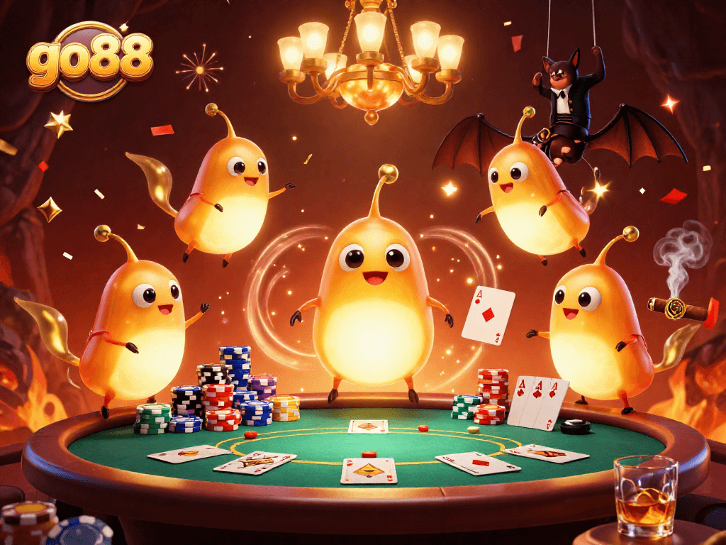 Engage with go88's vibrant poker scene, illuminated by glowworms and featuring colorful chips and cards.