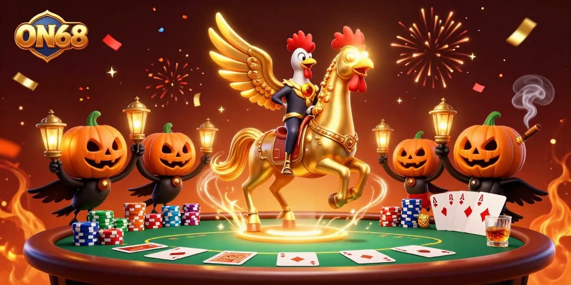 Experience thrilling gaming at ON68 with the golden rooster riding a spectral horse in a vibrant casino.