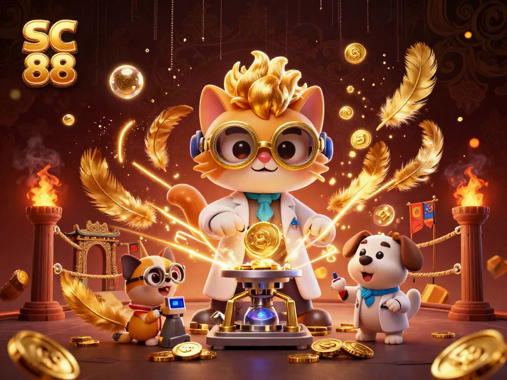 Play games at SC 88 with the engaging 3D scene of a mad scientist cat and assistant producing gold coins.