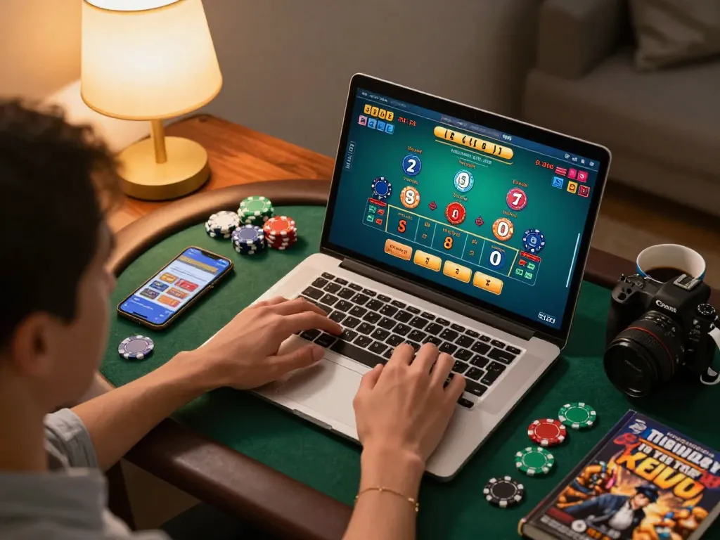Engaging in an online casino with Sunwin on laptop, showing blackjack gameplay in cozy home.