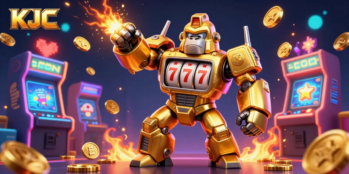 Engage in thrilling gameplay with KJC’s dynamic golden gorilla mech illustration, showcasing exciting casino elements.