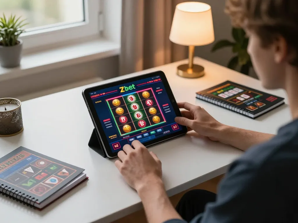 Zbet player enjoying online casino gaming on tablet with vibrant graphics and strategy notes