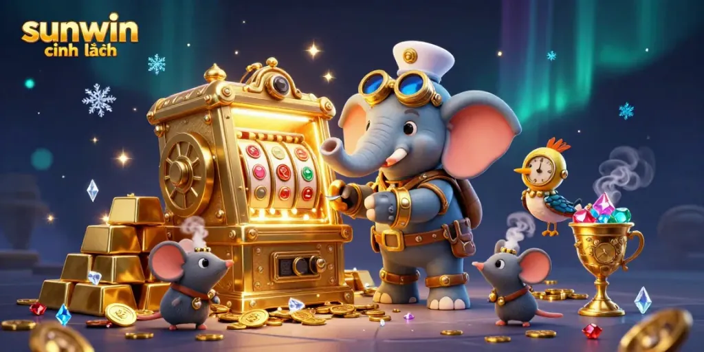 Spin the reels of sunwin chính hãng with a steampunk elephant at a vibrant casino scene.