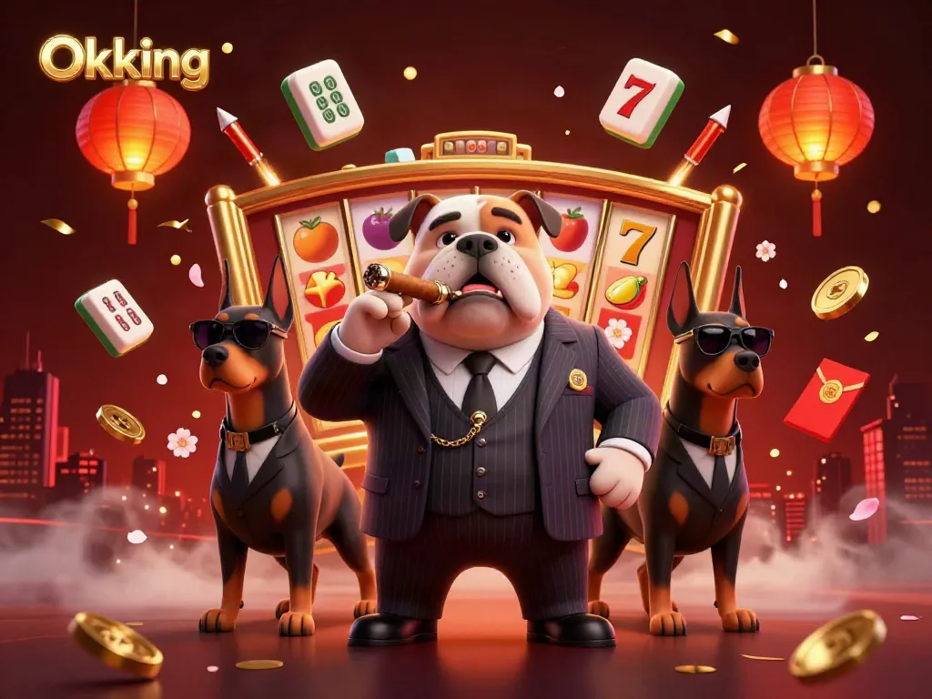 Experience the thrill of Okking casino games with a vibrant scene featuring a mafia boss bulldog, two Doberman bodyguards, and spinning slot reels.