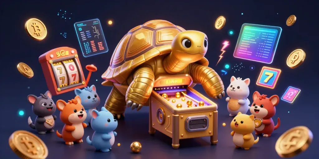 Experience exciting slot gameplay with vibrant illustrations of a colossal tortoise pinball machine amid animated characters and crypto elements.