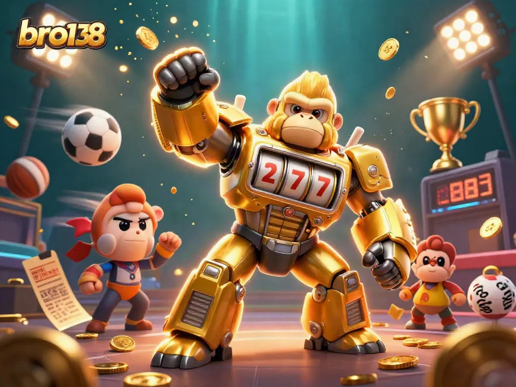 Experience thrilling gaming with bro138 as the golden gorilla mech launches coins in a dazzling casino scene.