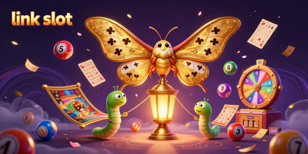 Spin and win with link slot featuring vibrant casino elements and a majestic moth.