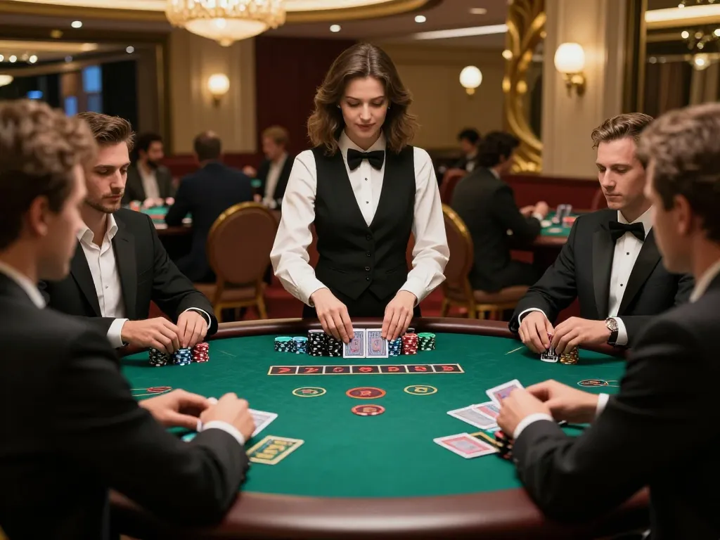 vswin players engaging at a blackjack table in a luxury casino setting.