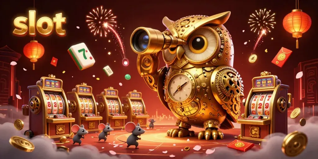 Engage with vibrant slot machines featuring a golden owl and dynamic casino elements.