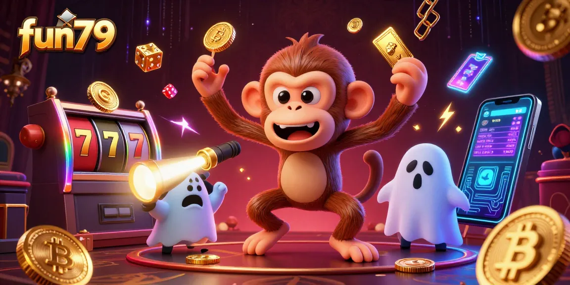 Experience thrilling wins with fun79's dynamic casino scene featuring a playful poltergeist and crypto elements.