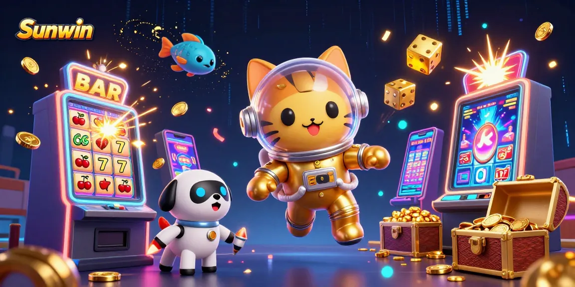 Sunwin casino cat astronaut spins slots with jackpot treasure amidst a cosmic backdrop.