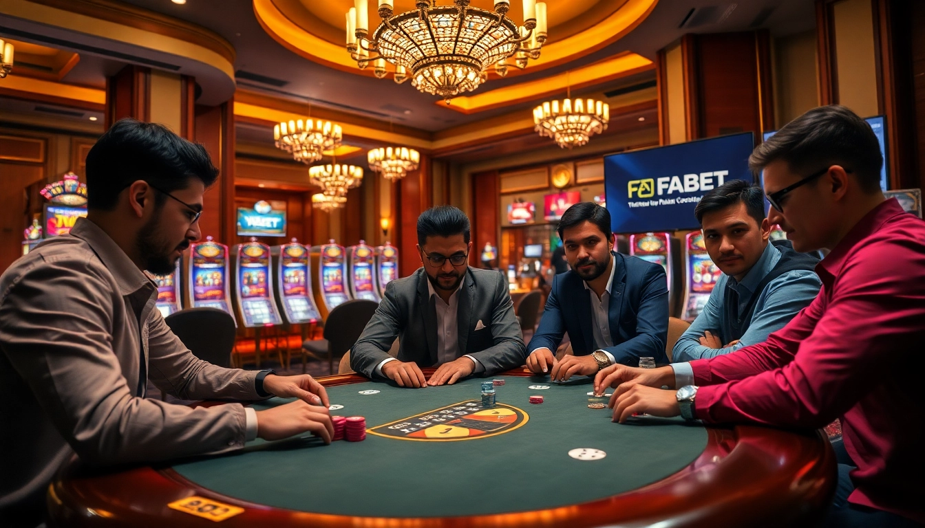 Experience the thrill of FABET at a glamorous poker table, surrounded by vibrant gaming visuals.