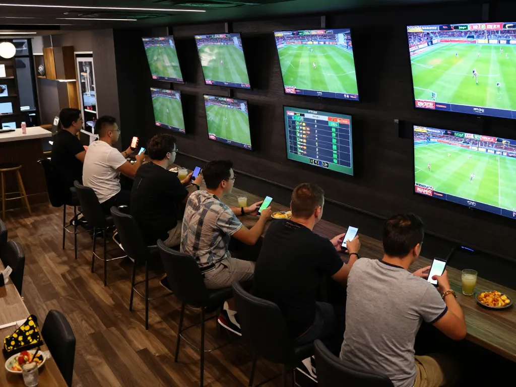 Patrons engaged in sports betting at Xo88 in a lively sports bar setting.