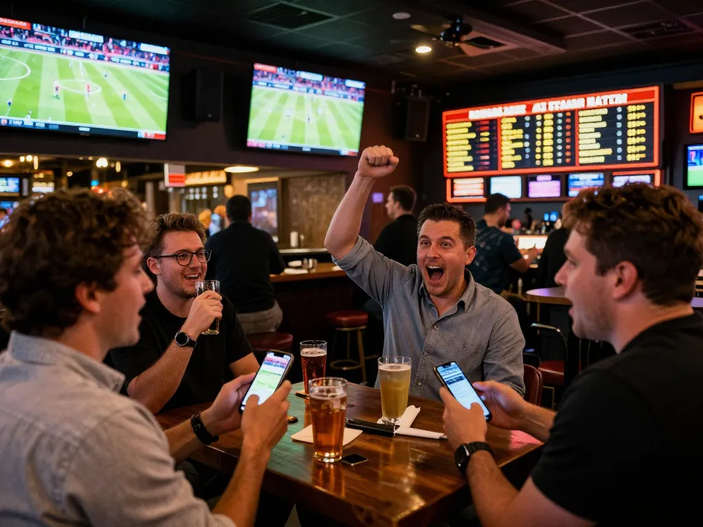 B52CLUB patrons celebrating their winning bets in a lively sports bar filled with large screens and enthusiastic atmosphere.