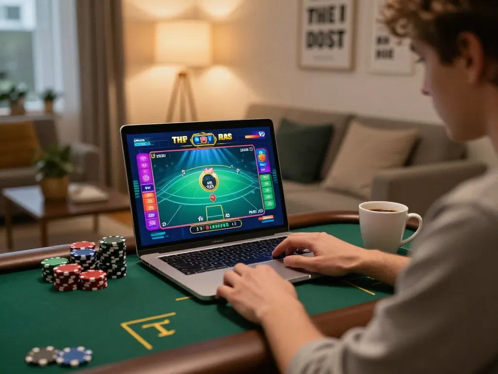 Engaging gameplay at F8bet casino with a player focused on their laptop during a poker session