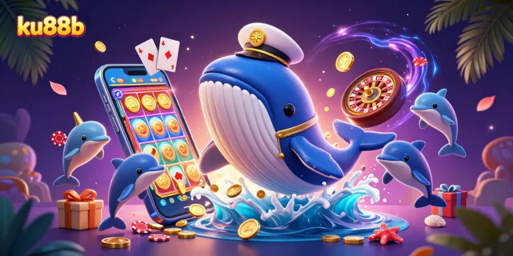 Engage with ku88b's thrilling casino atmosphere featuring playful dolphins, golden coins, and vibrant slot games.
