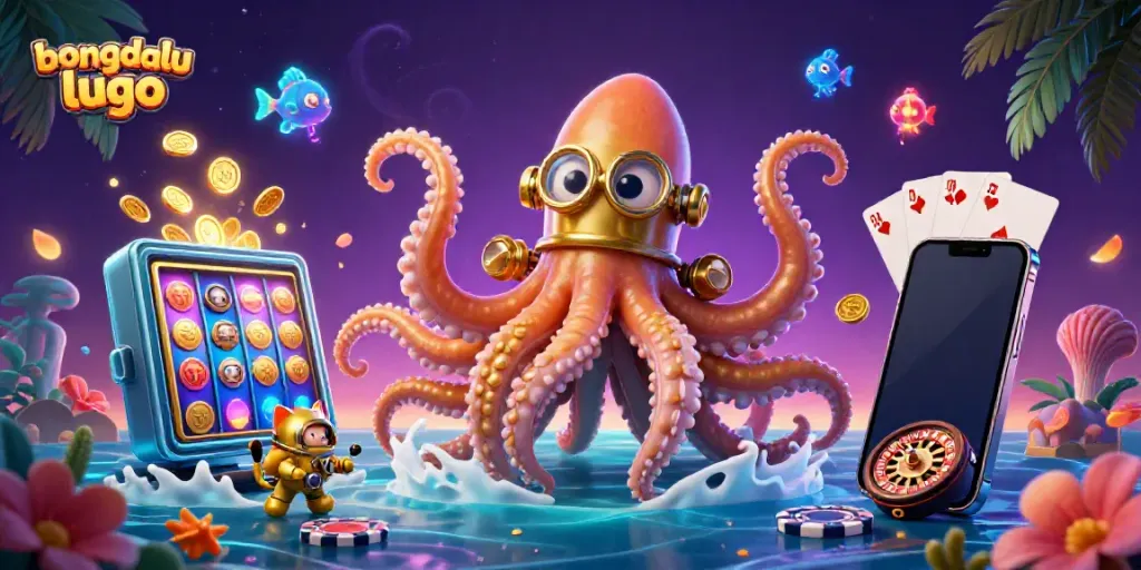 Bongdalu lugo offers an exciting 3D casino scene with a kraken, diving cat, and vibrant game symbols.
