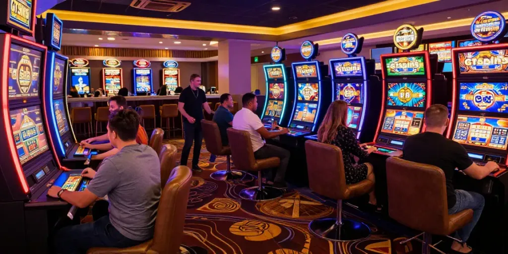 Spelers genieten van hun ervaring in het GTSpins Casino Nederland, omringd door verlichte slotmachines en live dealers.