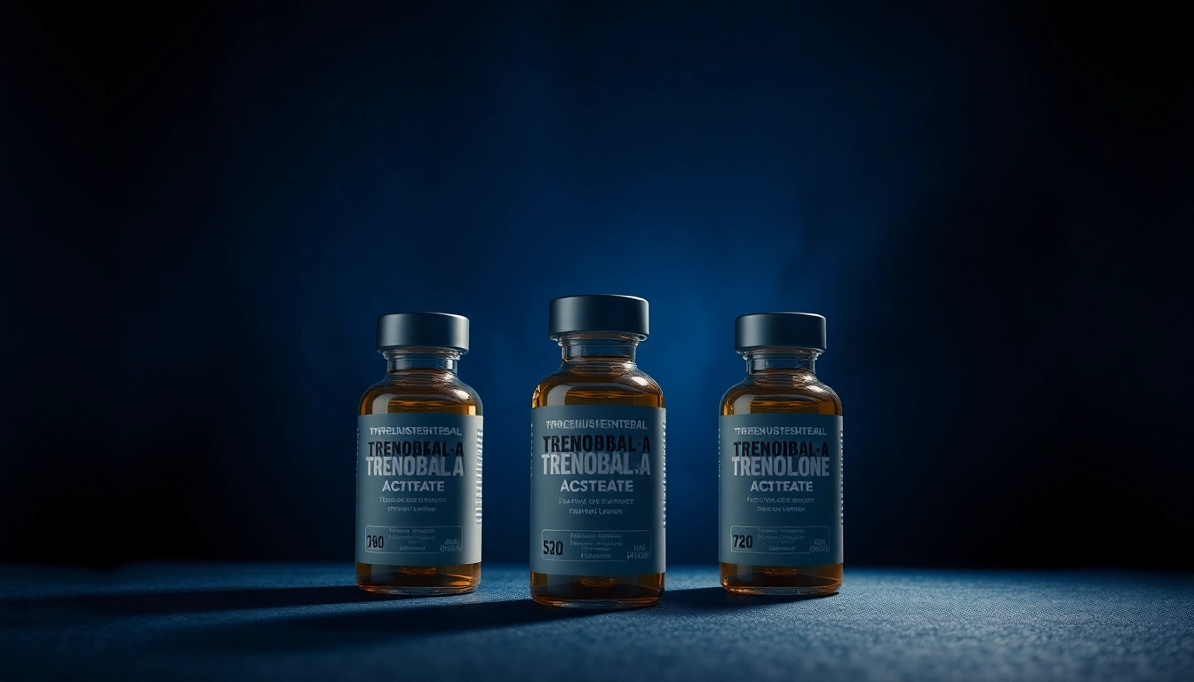 Trenobal-A Trenbolone Acetate vials elegantly displayed in a fitness-themed background.